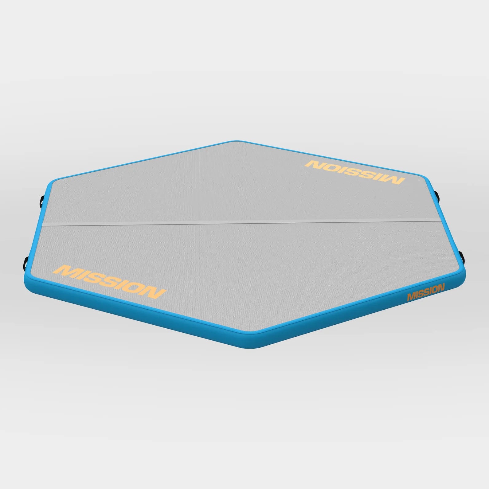The MISSION Reef Lite 72 Inflatable Water Mat is a hexagonal, lightweight mat with a light gray surface, blue edges, yellow MISSION branding on two corners, and black side handles for easy transport.