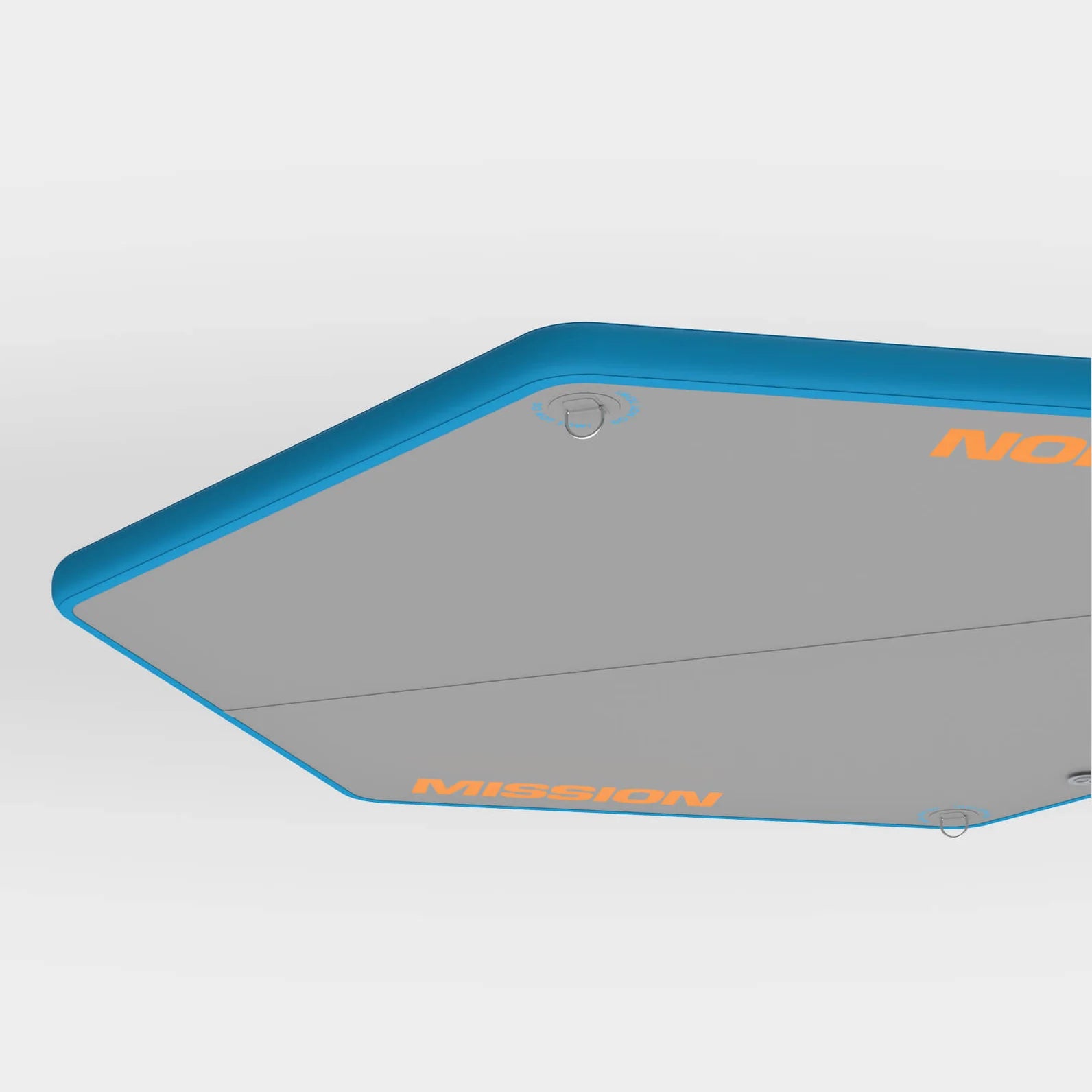 A close-up of the MISSION Reef Lite 72 Inflatable Water Mat shows its portable, rectangular design with a blue border, gray surface, attachment points, and partial orange MISSION branding.