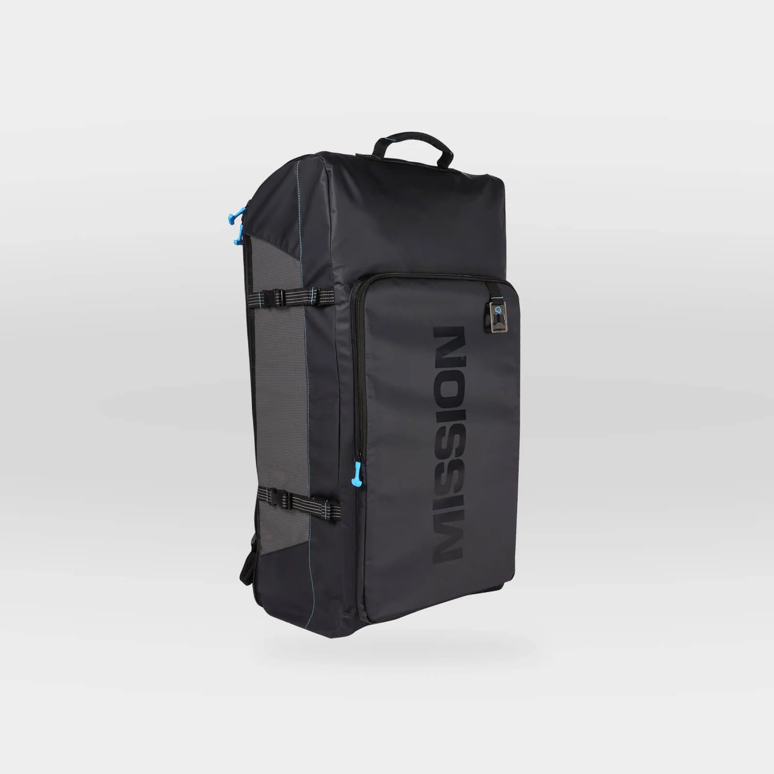 A large black rectangular travel bag with “MISSION” vertically on the front, blue zipper pulls, top handle, side straps, and a zip pocket—perfect for storing the MISSION Reef Lite 72 Inflatable Water Mat.