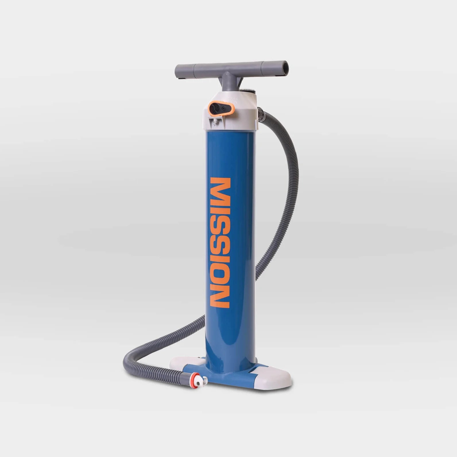 The MISSION Reef Lite 72 Inflatable Water Mat’s hand pump features blue, white, and gray colors with “MISSION” in bold orange on the body, standing upright on a white background. Designed for easy inflation of your portable mat.