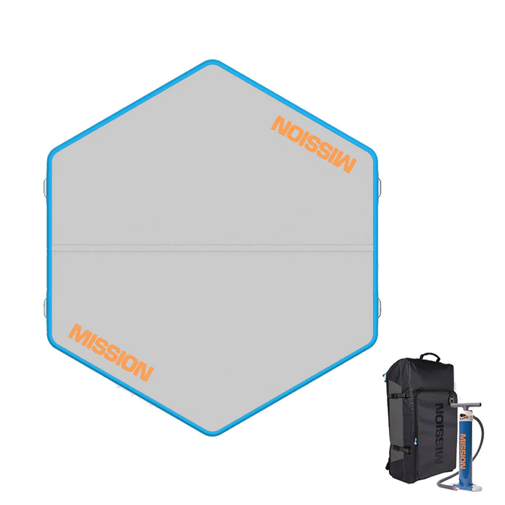 The MISSION Reef Lite 72 Inflatable Water Mat by MISSION is a large, hexagonal gray mat with blue edges and “MISSION” in orange on two corners, shown with a backpack storage bag and hand pump.