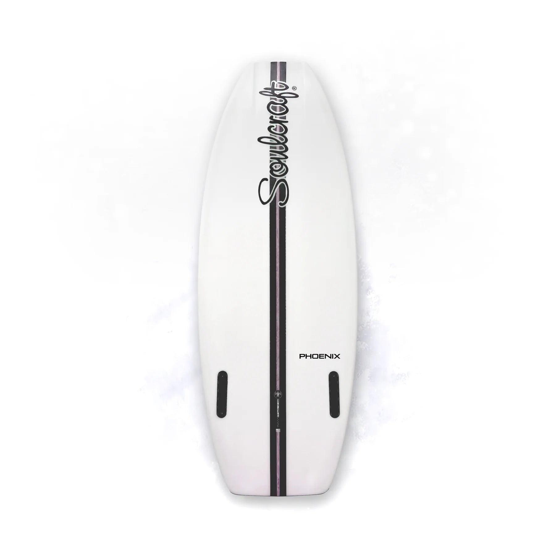 The Soulcraft Phoenix-R Wakesurf Board is a white, surf-style board featuring black vertical center stripes, "Soulcraft" diagonally near the top, "Phoenix" at the bottom, and two black fin boxes on each side.