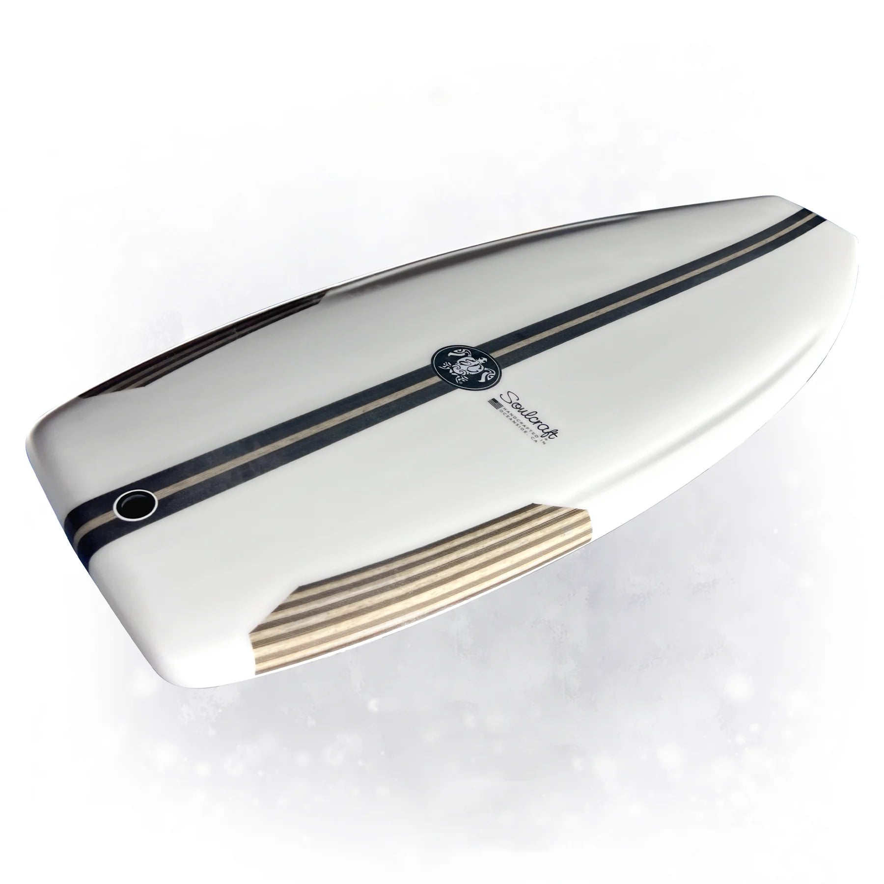 The Soulcraft Phoenix-R Wakesurf Board by Soulcraft features a white surf style, two dark center stripes, a central logo, a rounded nose, and a grooved wood-textured tail section.