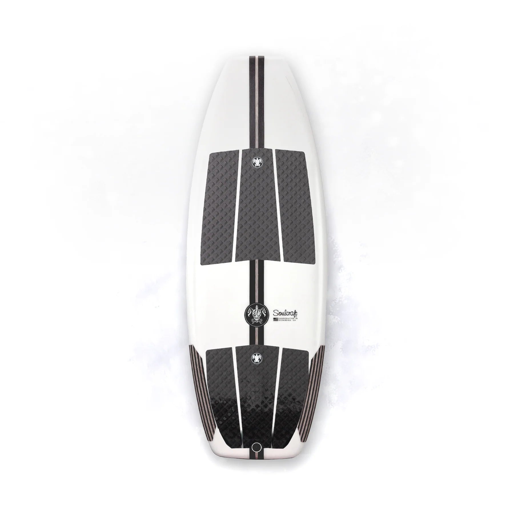 The Soulcraft Phoenix-R Wakesurf Board features black traction pads and lengthwise black stripes, with the Soulcraft logo near the center, displayed on a white background.