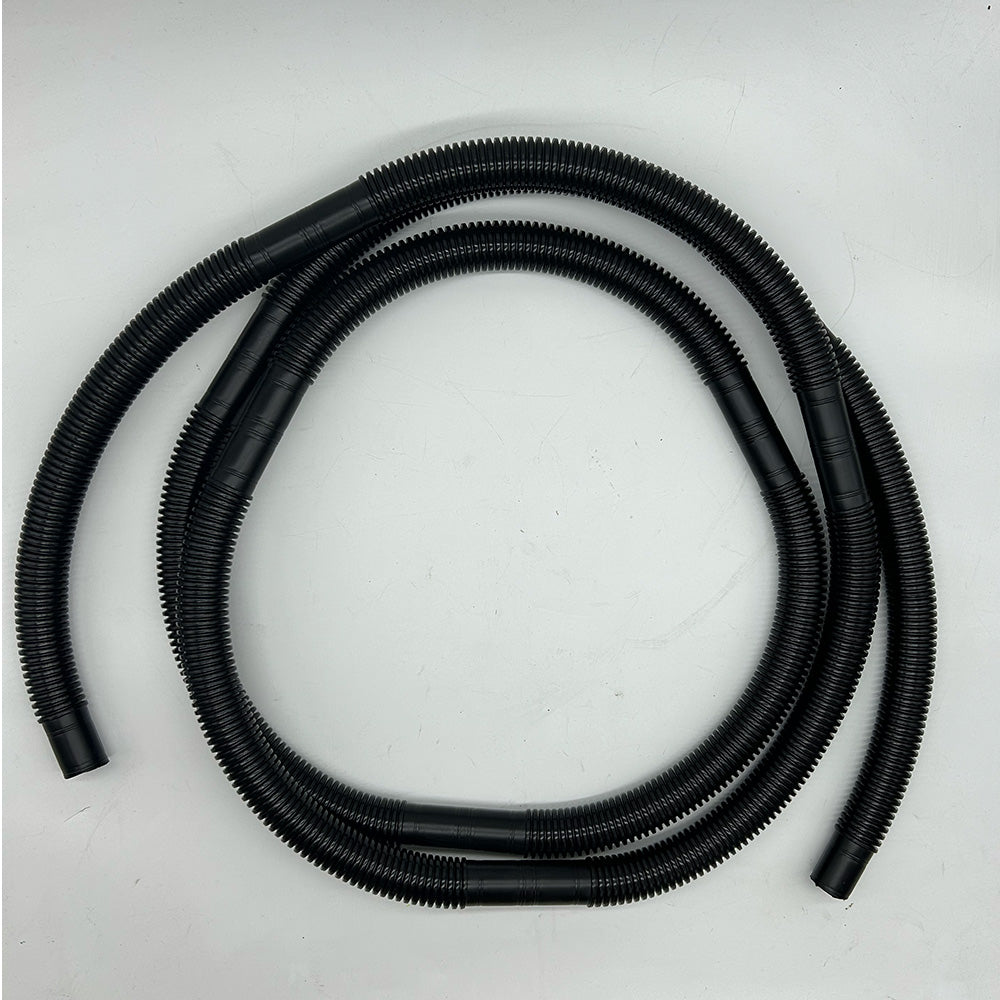 The Malibu 3/4" Bilge Pump Hose by Malibu is a black, ribbed, coiled corrugated plastic hose with four connector ends, loosely arranged in an oval shape on a light gray surface.