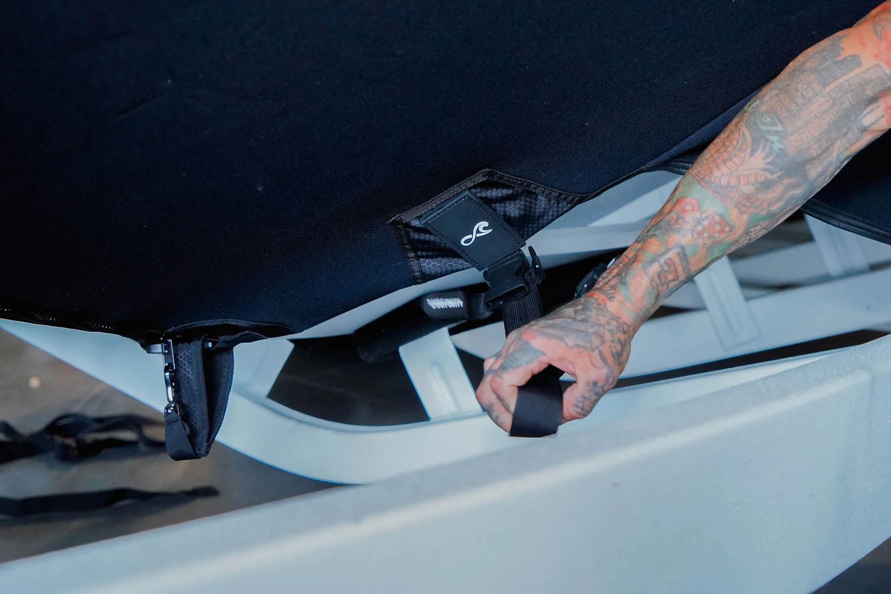 Surfinity Boat Shield - Buckle shown in action