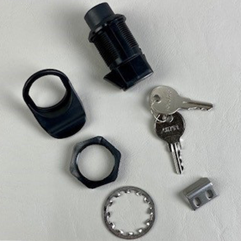Assorted Malibu glove box key lock parts (5512302) by Malibu, displayed on a white surface: two metal keys, black plastic ring, washer, nut, and a small metallic bracket.