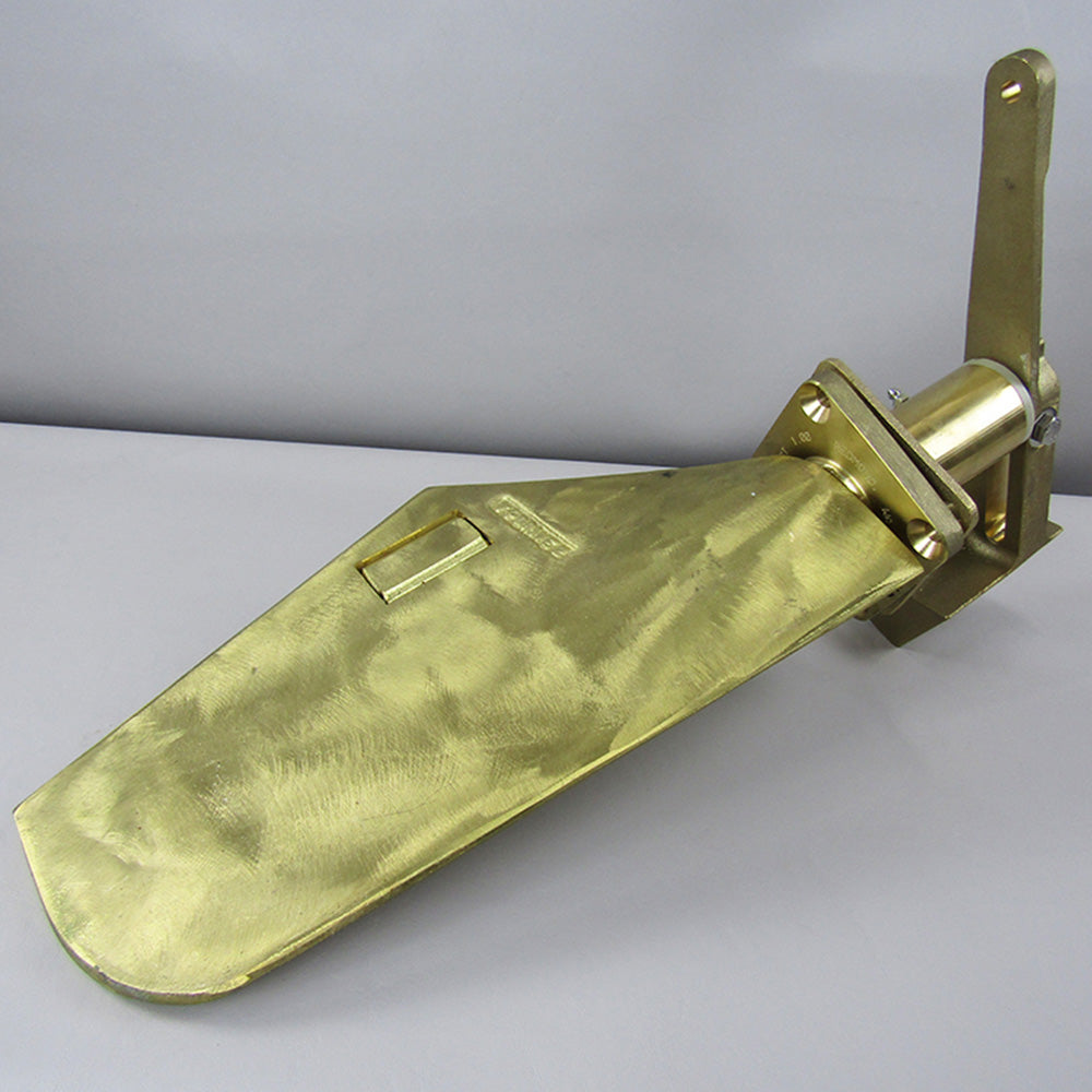 The Malibu Rudder-Heavy Tiller, 09-19 V-Drive (3411016.2) by Malibu features a brass assembly with flat blade, mounting bracket, and heavy tiller arm shown on a white surface against a light gray background.