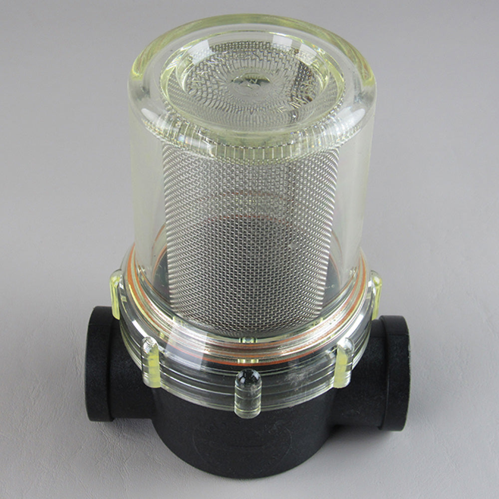 The Malibu Sea Strainer- 1" Outlet by Malibu is a cylindrical industrial water strainer with a clear plastic housing, metal mesh filter, and black inlet/outlet ports, designed for impeller protection in boat cooling systems.