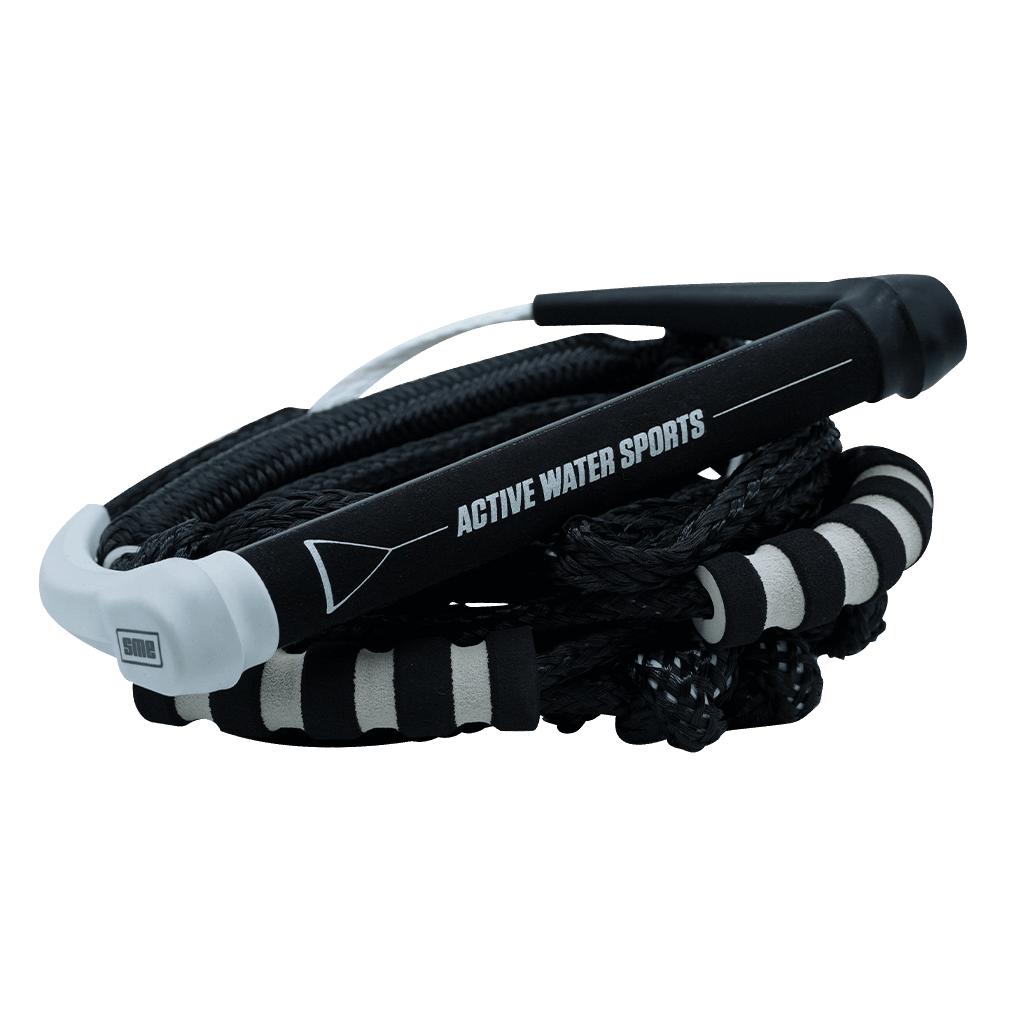 An Active Silicone Surf Rope - Black/White by ActiveWake, with the word "active water sports" on it, providing a firm grip for team members engaging in various water activities.