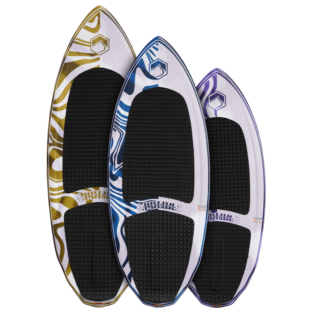 Three AWS x Liquid Force 2022 Primo Wakesurf Boards on a black background. (Brand: ActiveWake)