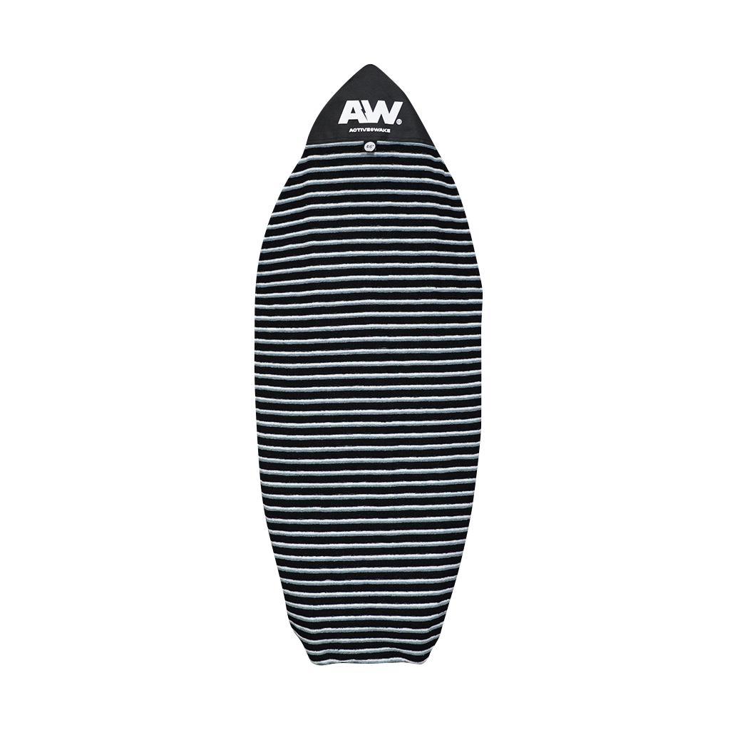 The ActiveWake Surf Sock by ActiveWake features black and white stripes, a black tip with a white AW. logo, and provides stylish surfboard protection. It's shown vertically against a plain white background.