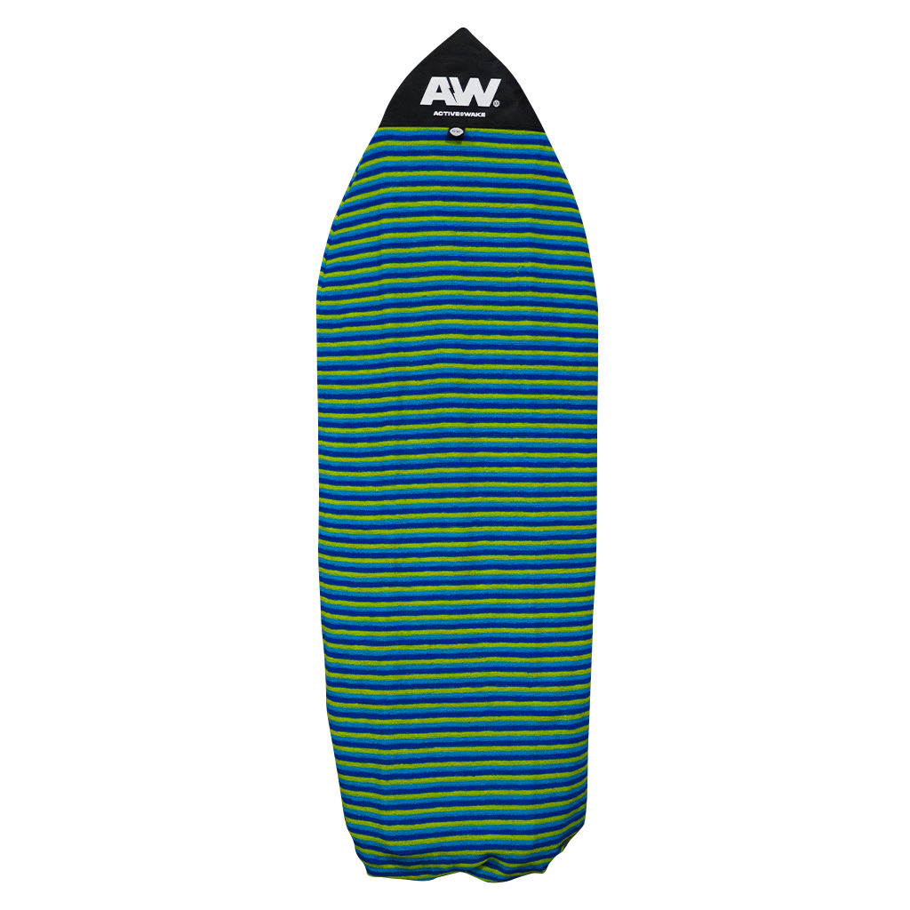 The ActiveWake Surf Sock by ActiveWake features blue, green, and yellow stripes, a stretch-fit design, a protective black top, and displays the white AW logo.
