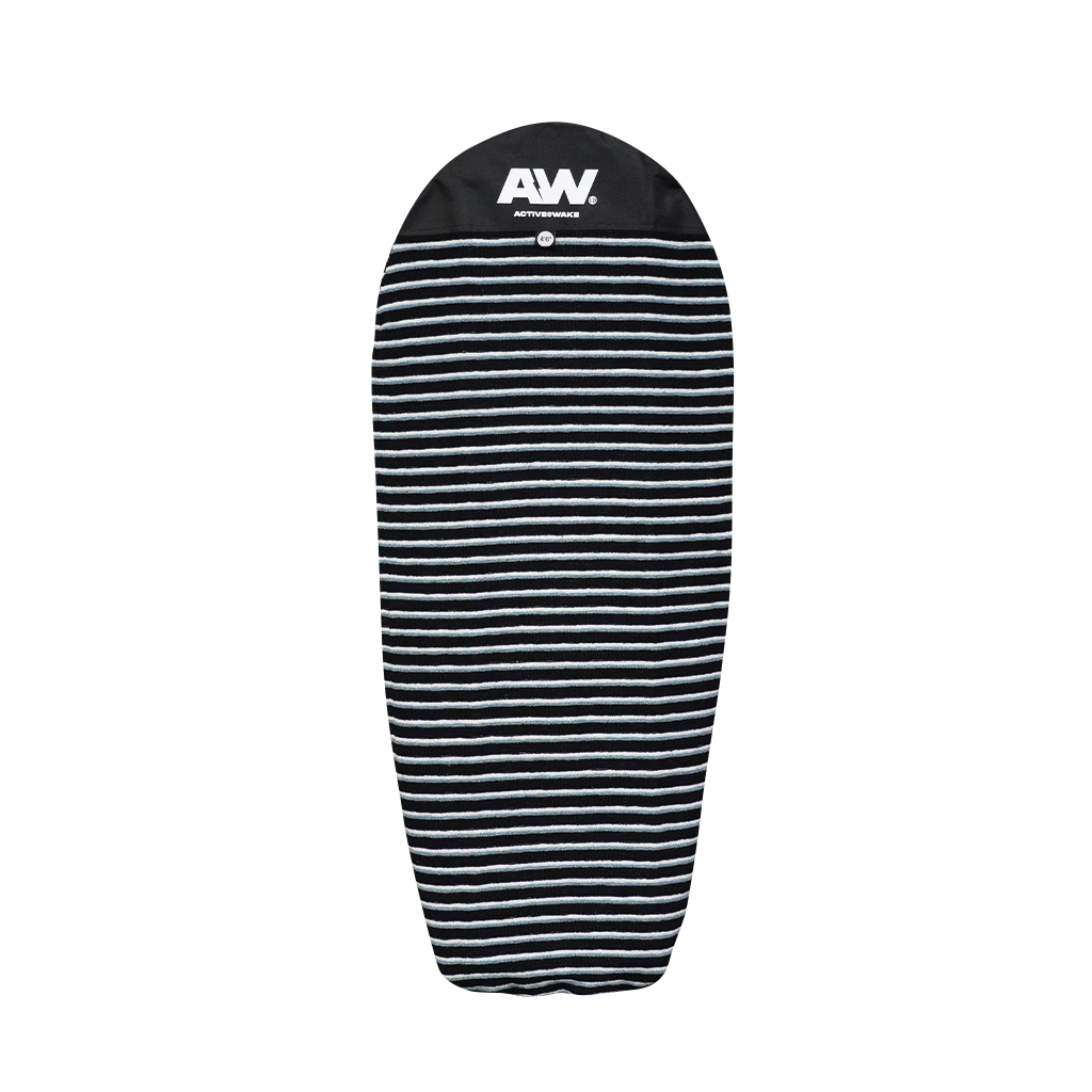 The ActiveWake Surf Sock is a black and white striped board cover with a black top showing bold white "AW." and "AUTUMN WAVES" below. This stretch-fit sock by ActiveWake is displayed on a plain white background.