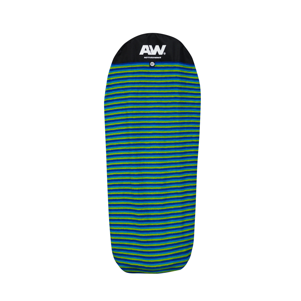 The ActiveWake Surf Sock by ActiveWake features blue, green, and yellow stripes with a black top and white "AW" letters, offering stylish stretch-fit protection for your surfboard.