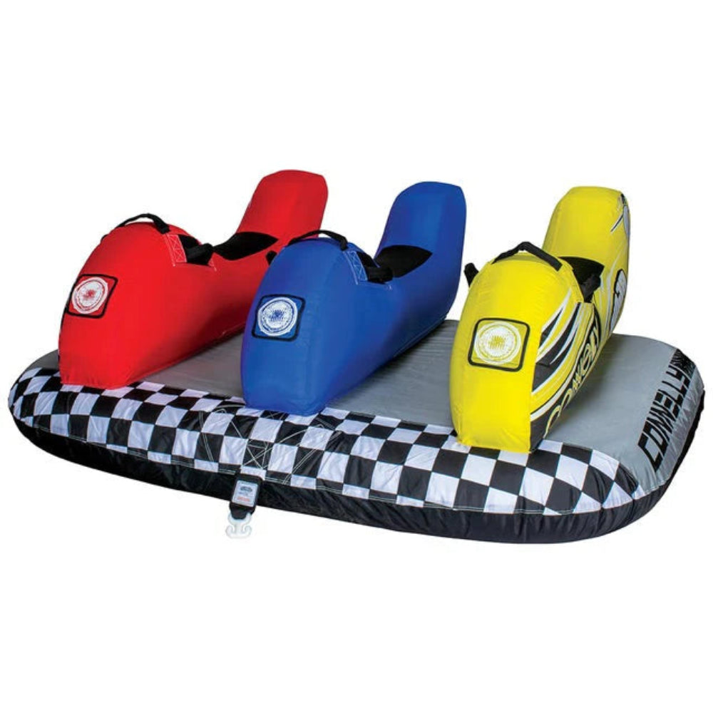 Three inflatable watercraft seats in red, blue, and yellow on a checkered platform with a white background.
