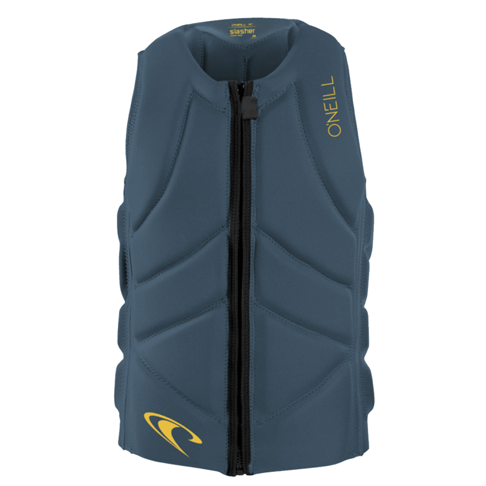 The O'Neill Slasher Comp Vest for men features padded panels, NytroLite Foam Technology, a front zipper, and yellow O'Neill branding. The blue vest is shown on a plain white background.