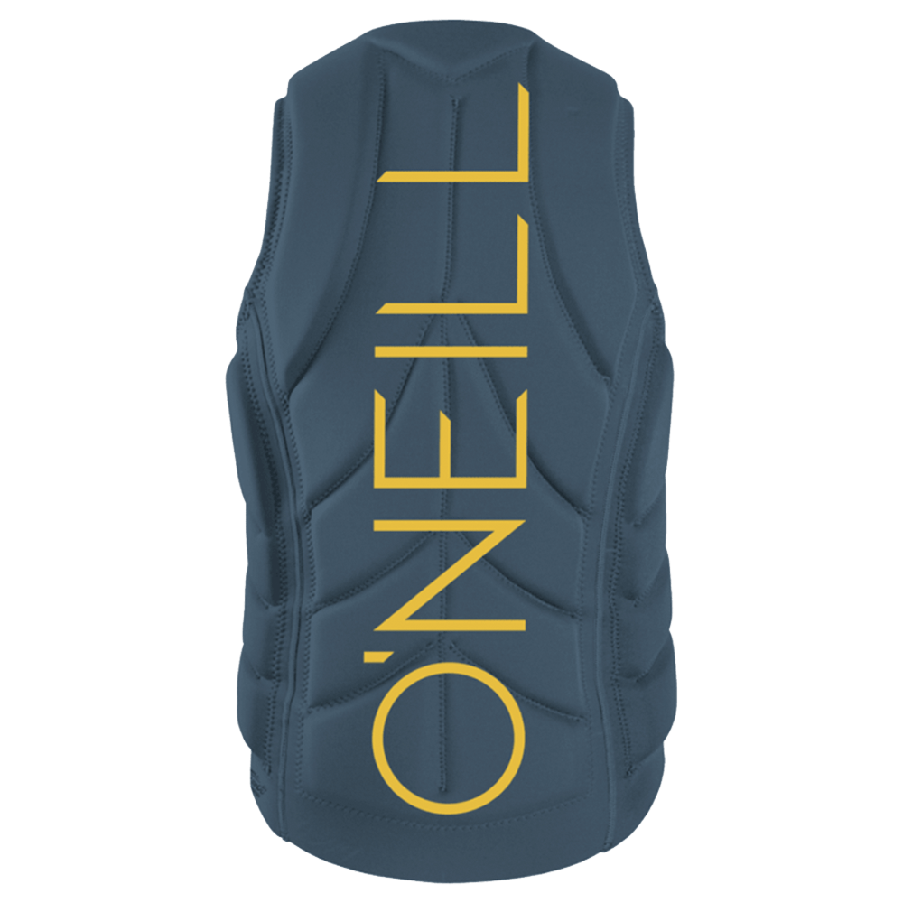 The O'Neill Slasher Comp Vest is a dark blue men's competition vest with vertical yellow O'Neill branding on the back. Stitched panels add structure and NytroLite Foam Technology ensures lightweight, protective comfort.