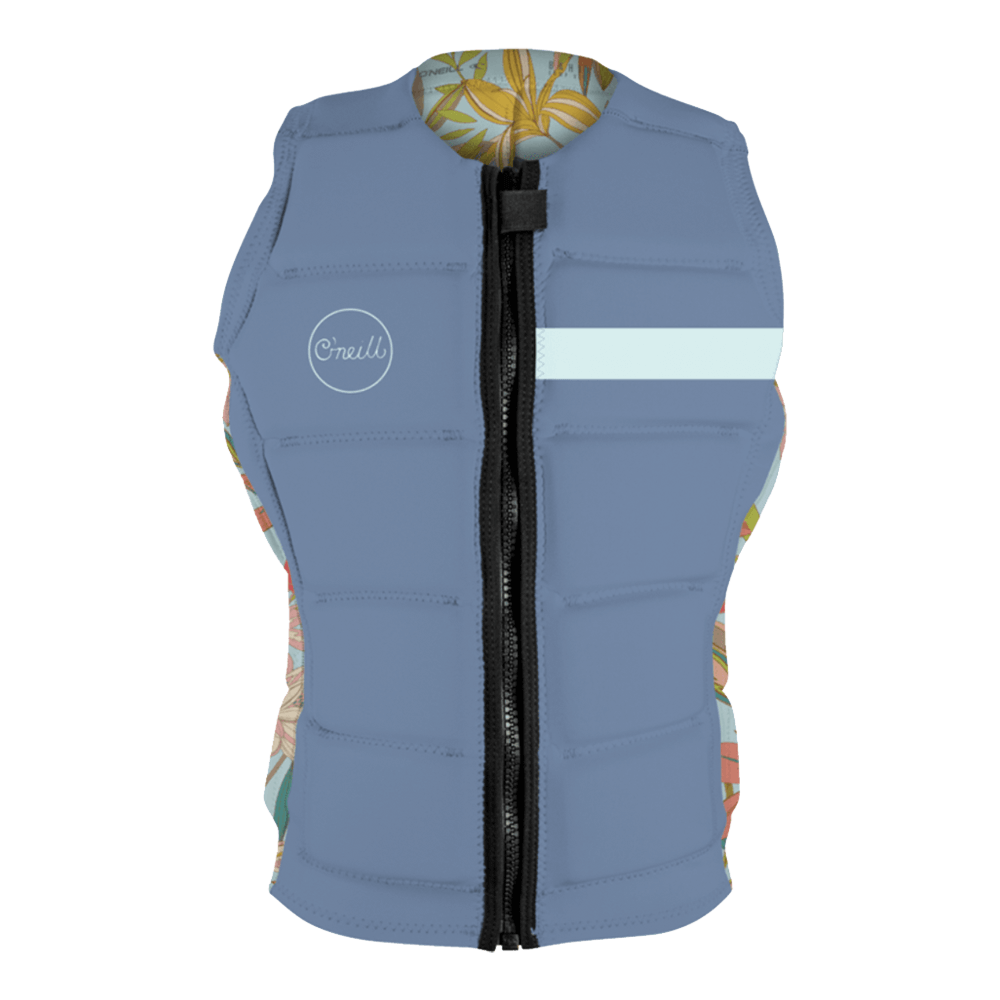 The O'Neill Women's Bahia Comp Vest is a blue wakeboard vest with a front zipper, a light blue side stripe, and vibrant tropical floral patterns on the sides and inner collar.