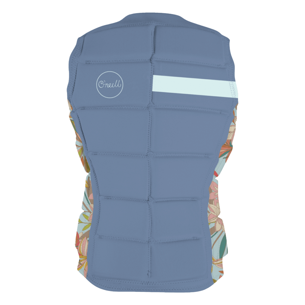 The O'Neill Women's Bahia Comp Vest is a blue padded wakeboard vest featuring a light blue stripe on the upper back, floral-patterned side panels, and "O'Neill" in white on the left shoulder.