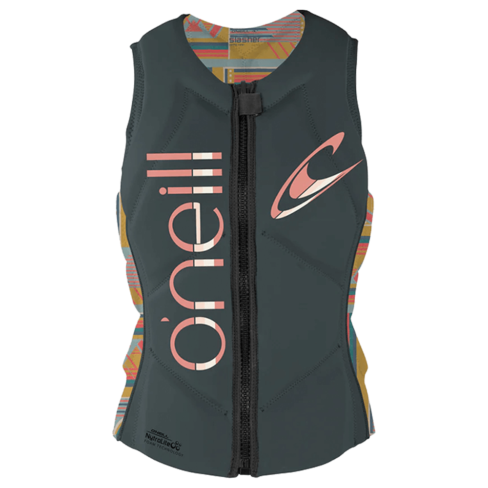 The O'Neill Women's Slasher Comp Vest is a black waterskiing vest with a front zipper, O'Neill logo in pink, colorful patterned side panels, NytroLite Foam Technology, and a sleek, fitted design.