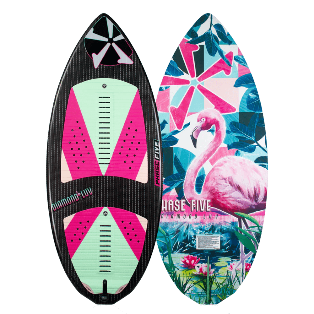 This Phase 5 2024 Diamond Luv Wakesurf Board features flamingos, making it a unique and eye-catching choice for riders.