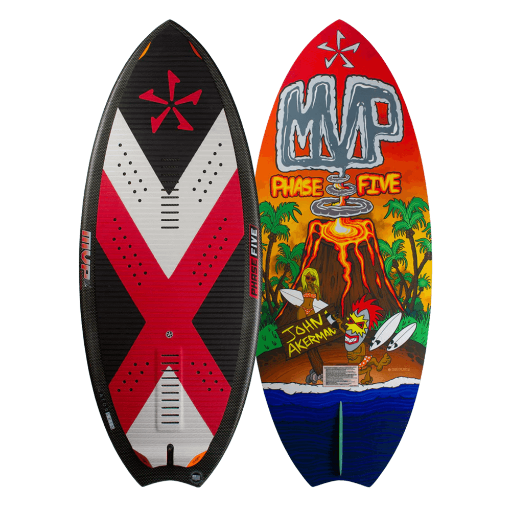 This Phase 5 2024 MVP LTD Wakesurf Board features a sleek design in red, black, and white. It offers enhanced performance with the Techno Traction V2 EVA grip pad for ultimate control during skim style riding.