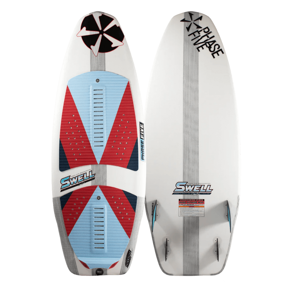 The Phase 5 2024 Swell Wakesurf Board, designed by Stacia Bank, is a high performance surfer featuring a captivating red, blue and white design.