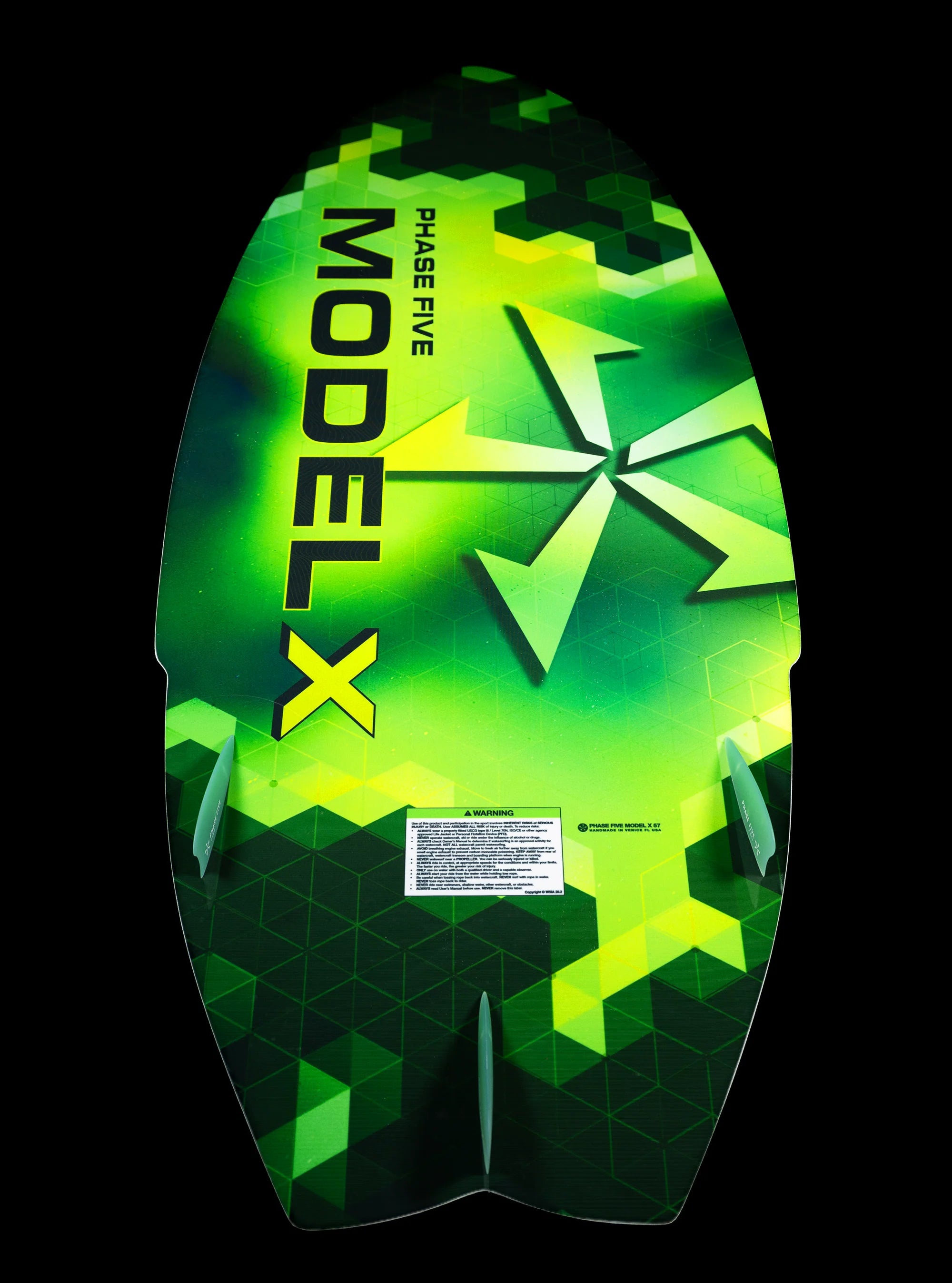 Phase 5 2025 Model X Wakesurf Board base of the board pictured against a black backdrop