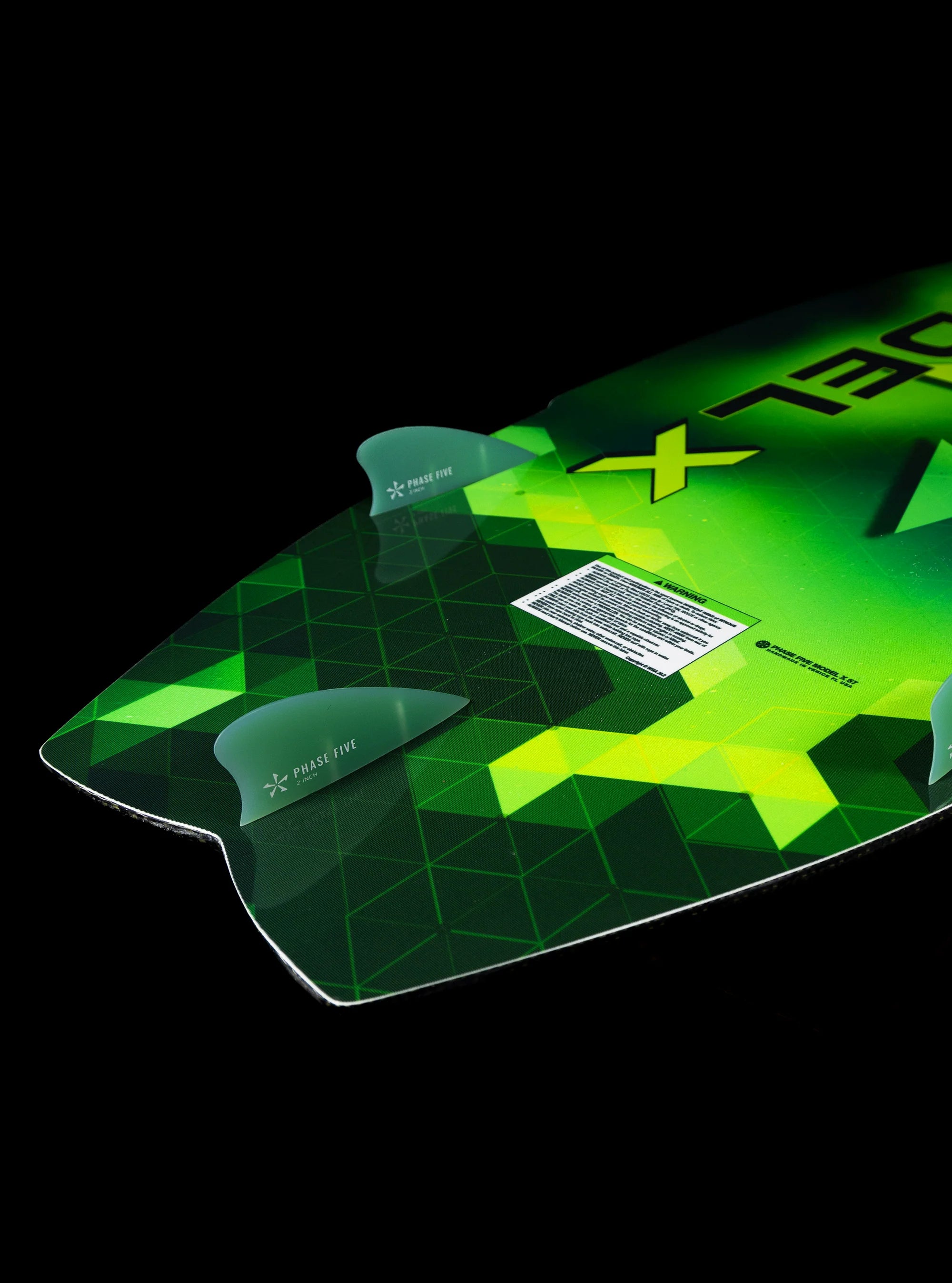 Phase 5 2025 Model X Wakesurf Board fins' shown on the base of the board