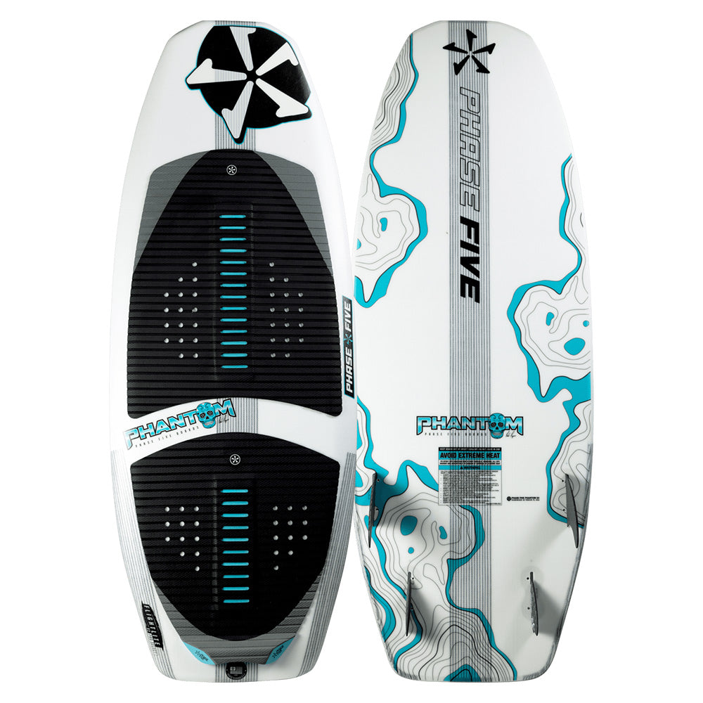Here is a revised version of the sentence using the given product data:
The top and bottom view of the Phase 5 2025 Phantom Wakesurf Board showcases black traction pads and turquoise graphics on a white background, crafted with Flightlite V2 technology, renowned by Parker Payne.