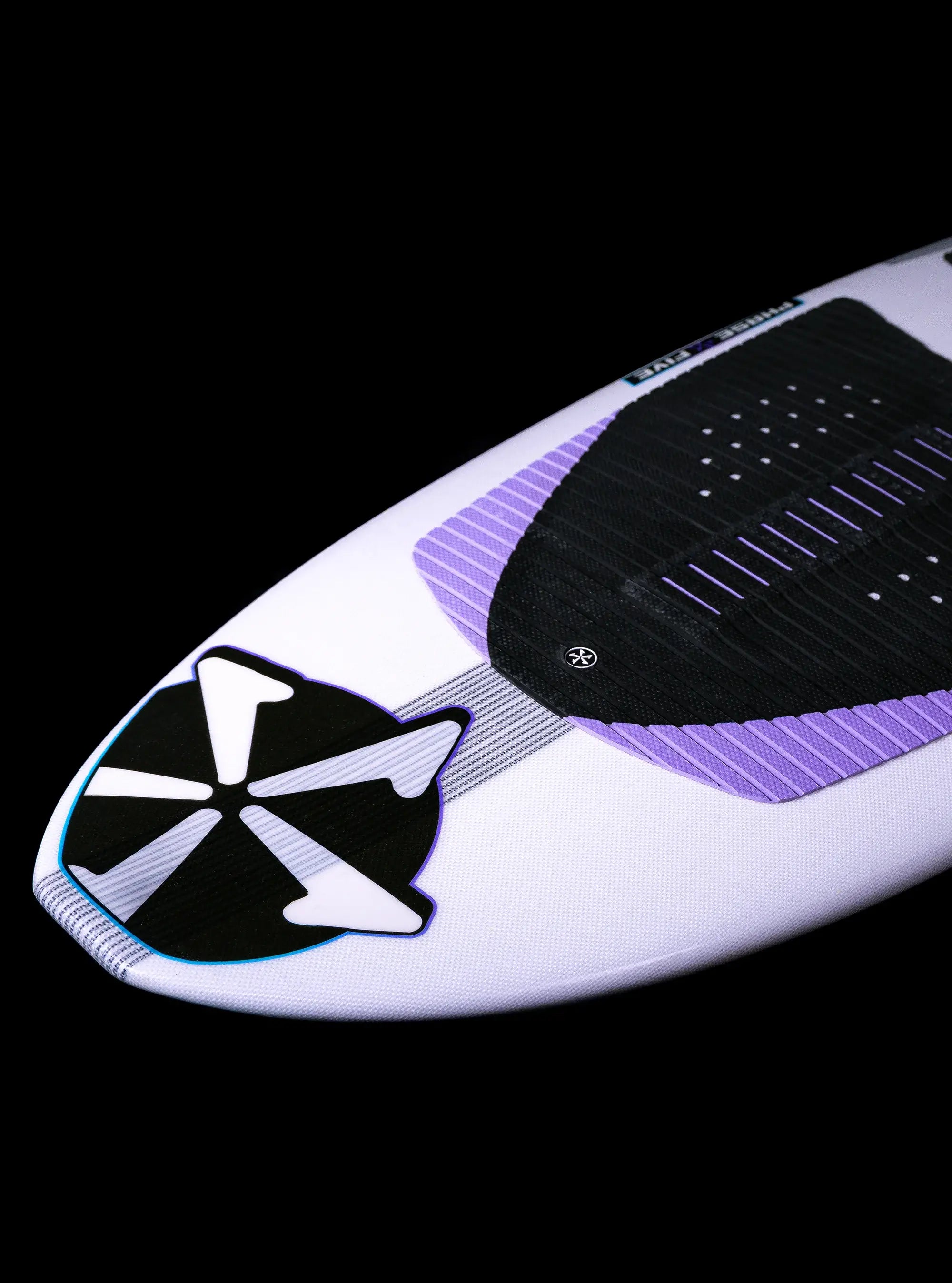 Phase 5 2025 Rush Wakesurf Board nose pictured on black back drop