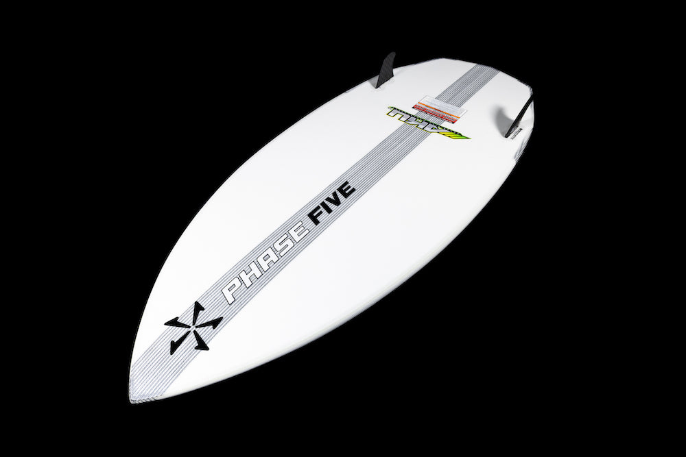 A white Phase 5 Aku v2 Wakesurf Board 2026 with black fins, PHASE FIVE branding, geometric designs, gray stripes, and a green and yellow logo is displayed on a black background.