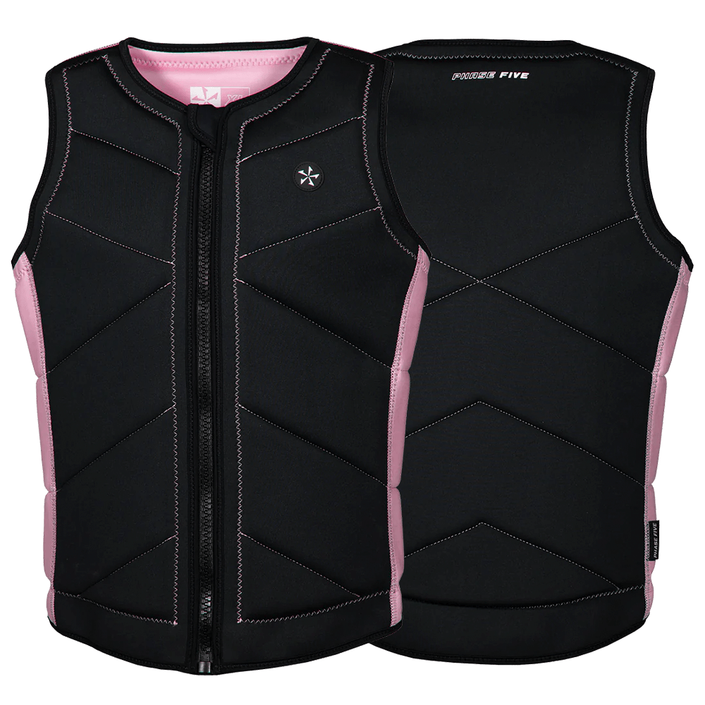 Two Phase 5 Ladies Pro Comp Vests in black with pink trim are shown, one front and one back. They feature a quilted design, front zipper, and a small chest logo.