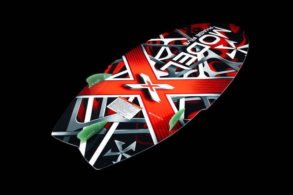 The Phase 5 Model X Wakesurf Board 2026 features a bold red X, green fins, and abstract black, white, and gray patterns on a black background. Built with GatorSkin glass, it delivers standout style and performance.