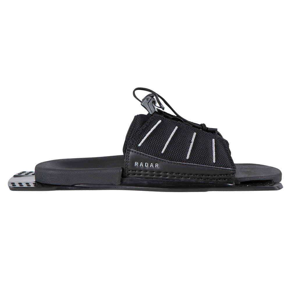 The Radar ARTP Boot by Radar is a black adjustable water ski binding featuring white stitching, an open toe design, a flat base plate, rear cinch, slotted holes for easy mounting, and bold Radar branding for standout performance.