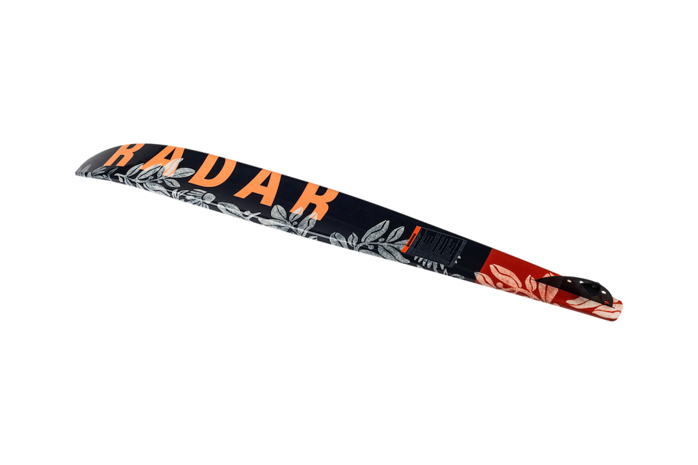The Radar Lyric Women's Waterski | Lyric Boa + Boa ARTP 2026 by Radar is a black and red women's carbon fiber waterski featuring large orange "RADAR" text and a white floral pattern, displayed on a plain white background.