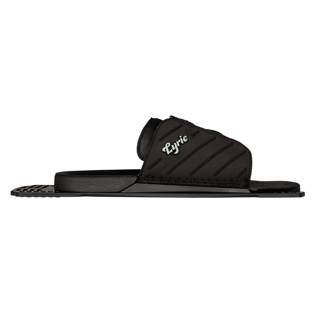 The Radar Lyric Women’s Waterski sandal features a black open-toe design with a thick, cushioned strap displaying “Lyric” in white. Its textured footbed and sole provide comfort after skiing—shown in side profile on a white background.