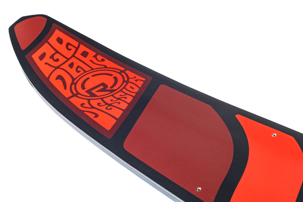 Close-up of the Radar Session Waterski | Prime + ARTP 2026 tail, showcasing bold red and black graphics with "BAD DAY SESSION" text. The design, by Radar, is inspired by the dynamic energy of slalom ski and Session Waterski culture.