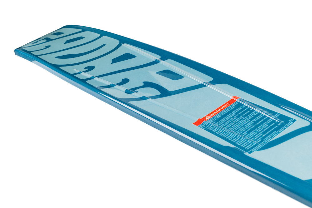 Close-up of the Radar Session Women's Waterski | Prime + ARTP 2026 by Radar in blue and white with bold graphics and a red warning label, photographed on a plain white background.