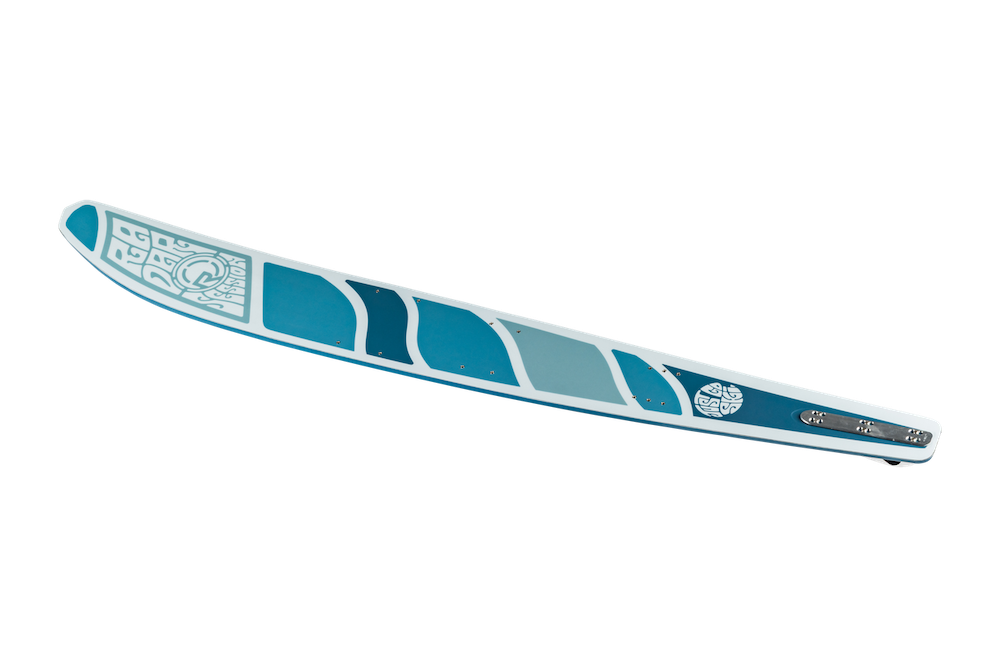The Radar Session Women's Waterski | Prime + ARTP 2026 by Radar features a blue and white design with a tribal-style pattern, geometric shapes, and a streamlined look, perfect for open water skiing.