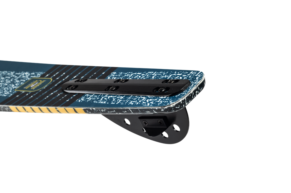 Close-up of the tail end of the Radar Union Waterski | Prime + ARTP 2026 by Radar, featuring a blue and black textured design, black metal mounting bracket, and small fin, making deepwater starts easy. Plain white background.