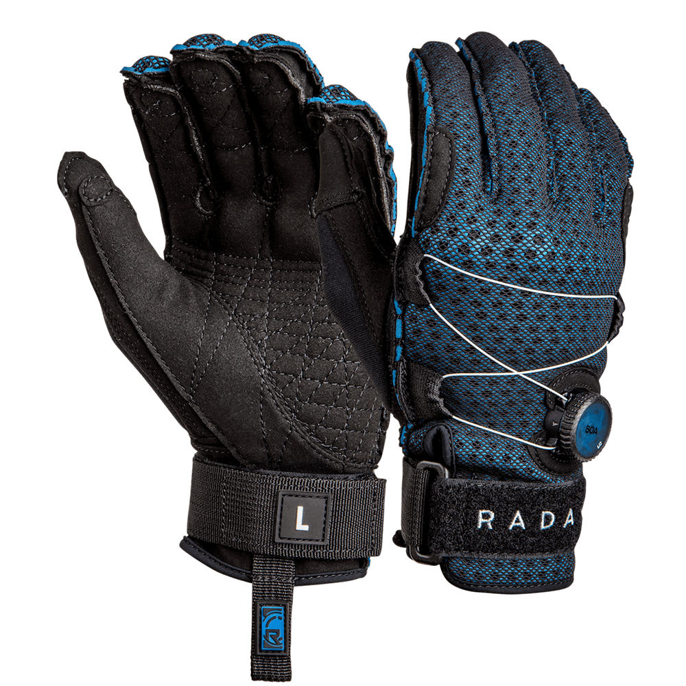 Introducing the ultimate glove for adventurers: the Radar Vapor-A Inside-Out Glove by Radar. This sleek pair of black and blue gloves comes with adjustable straps, grip pads, and an innovative tightening dial. Featuring a durable Amara palm, these gloves are your perfect companion for any journey.