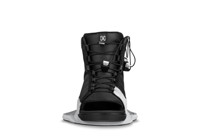Front view of a single black and white Ronix 2025 District Wakeboard boot with laces, featuring a visible logo on the tongue, designed to enhance your performance during explosive jumps.