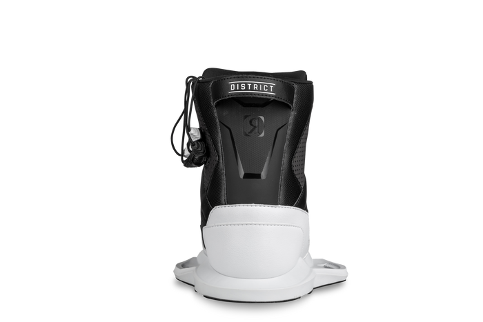 The Ronix 2025 Parks Wakeboard with District Bindings, available in black and white, showcases a back view with the Ronix logo on the heel and includes dimples technology for improved glide speed.