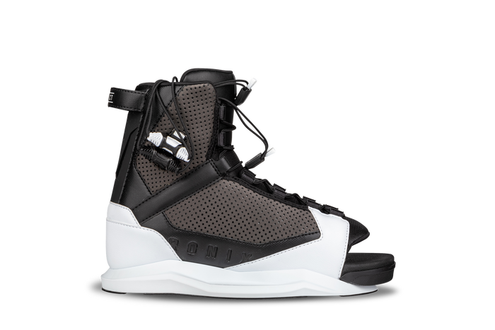 Ronix 2025 Parks Wakeboard with District Bindings, showcasing an adjustable strap design and perforated elements enhanced by dimples technology for improved glide speed, side view.