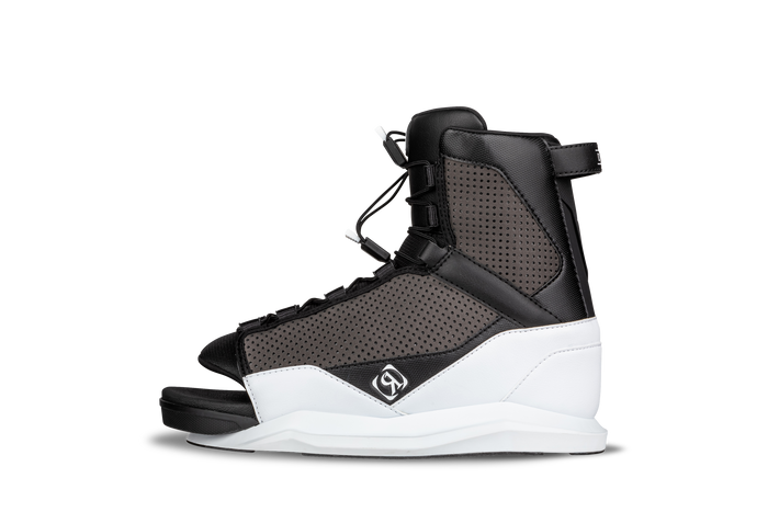 The Ronix 2025 Parks Wakeboard with District Bindings is a black and white high-top sports boot that includes laces, features the Ronix logo on the side, and is designed with dimples technology to enhance performance.