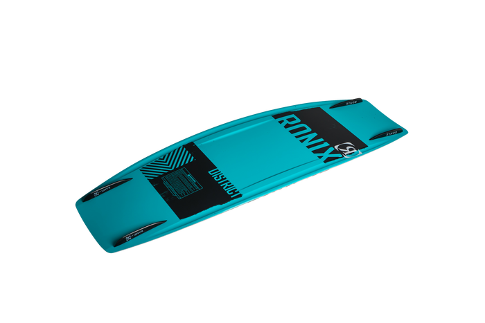 Introducing the Ronix 2025 District Wakeboard with District Bindings, a teal wakeboard designed for explosive jumps. This wakeboard features a hybrid rocker and striking black and white graphics, adorned with geometric patterns and the word "DISTRICT.