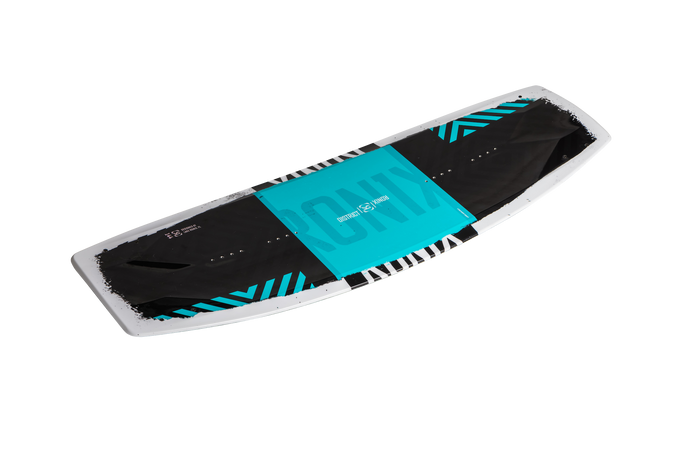 A wakeboard with a black and turquoise design, featuring stripes and text, is set against a white background. The Ronix 2025 District Wakeboard | District Bindings offers a hybrid rocker setup perfect for explosive jumps, combining sleek style with dynamic performance.