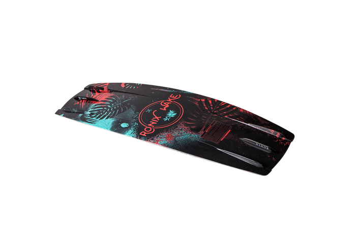 The Ronix 2025 Krush Wakeboard | Divide Bindings is a dynamic board featuring an eye-catching design in red, teal, and black, prominently displaying "Ronix Wake" at its center. Ideal for wakeboarding enthusiasts who value both style and performance.